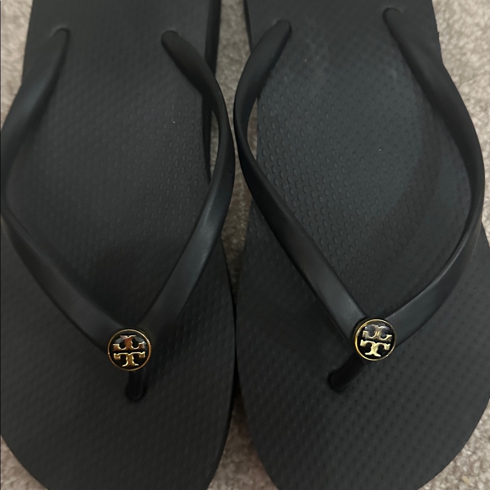 Tory Burch Black Flip Flop Wedge Sandals with Gold Logo